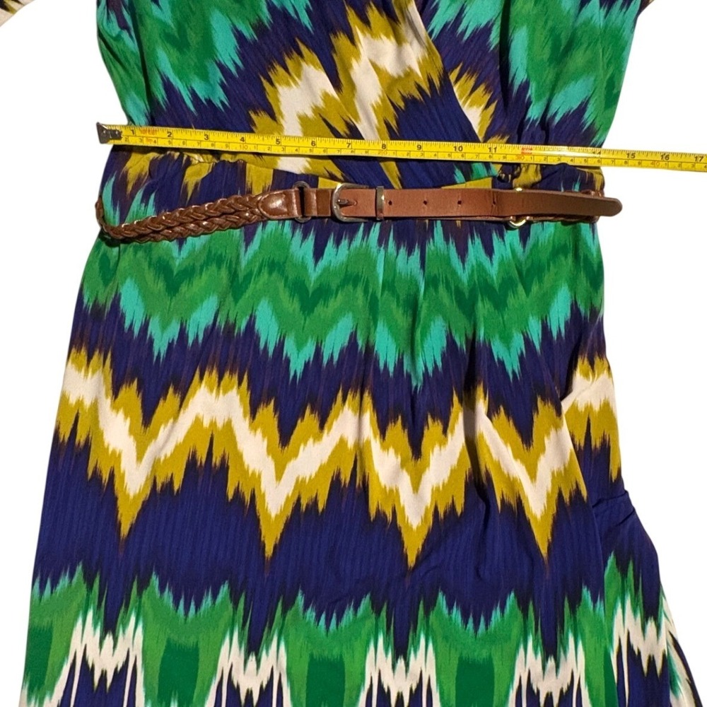 5 for $25 Calvin Klein Green Blue Yellow Chevron Ikat Faux Wrap Belted Dress 4P - Picture 7 of 9